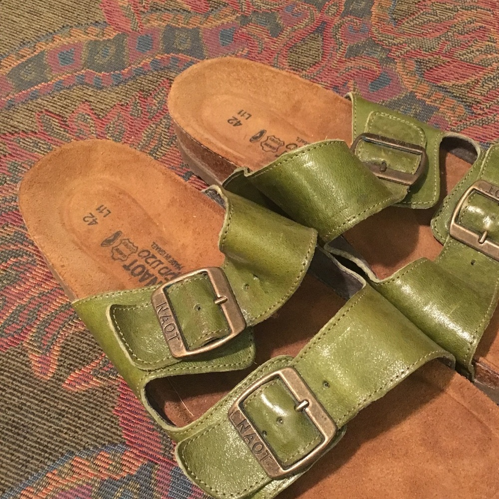 Naot Green Leather Double Buckle Slide Sandals